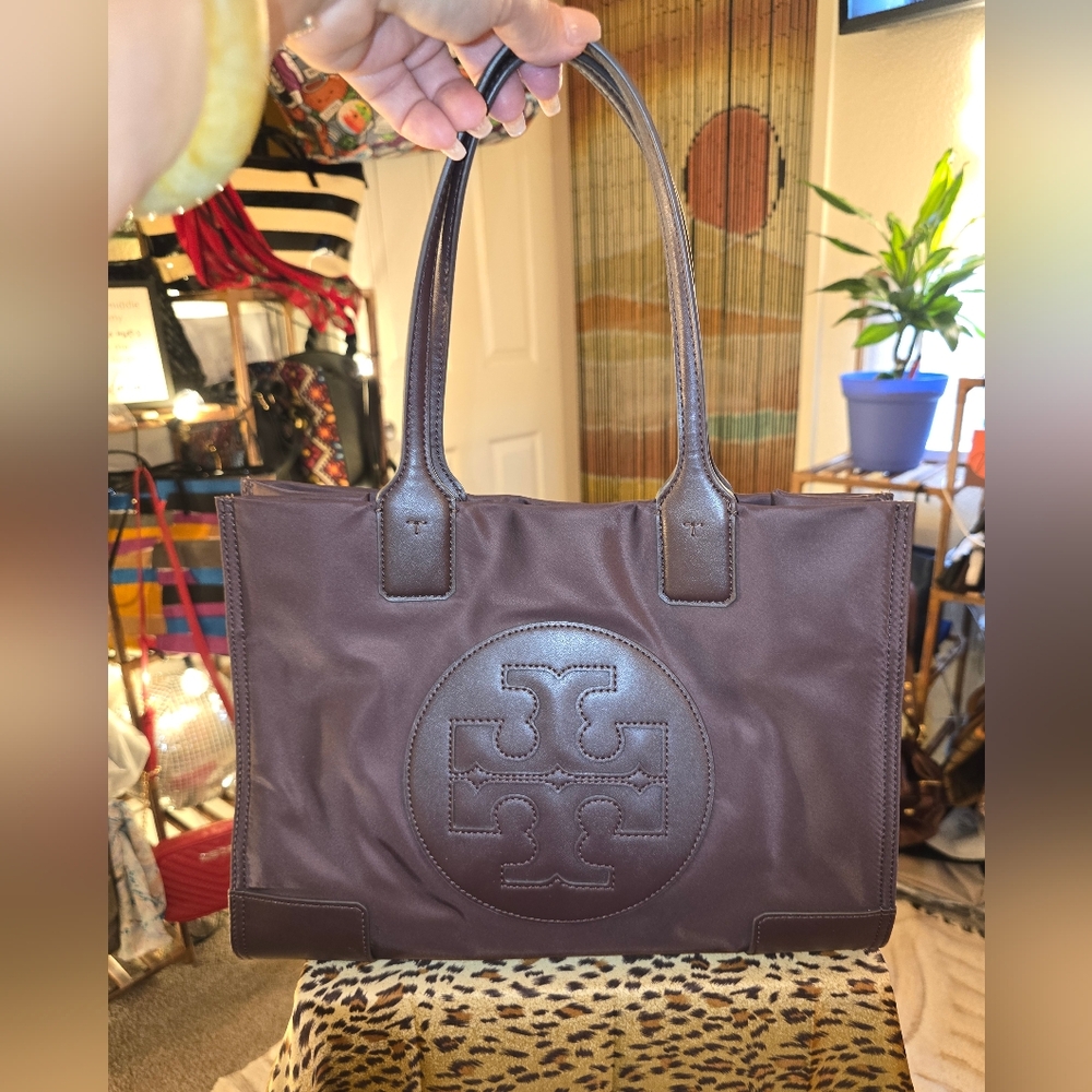 Tory Burch Dark Brown Nylon and Leather Logo Tote - Picture 2 of 10